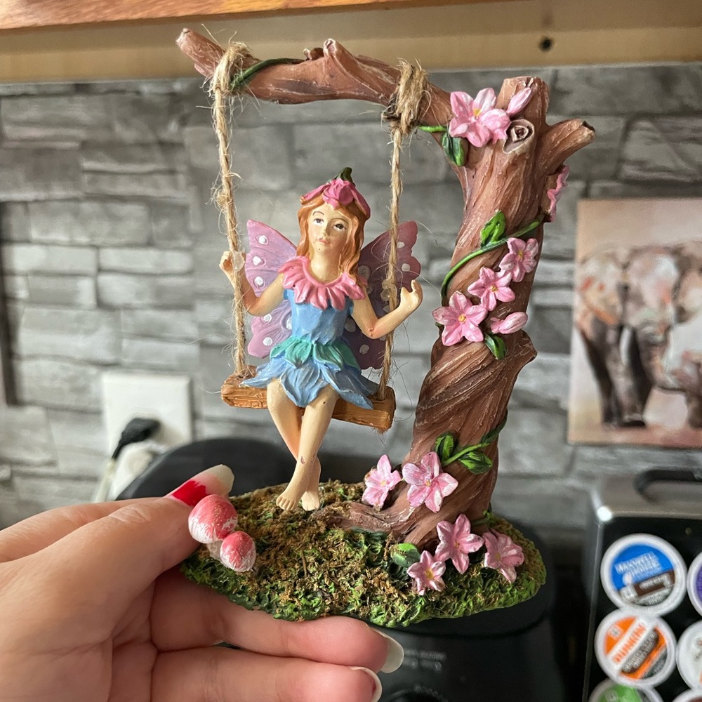 Fairy Figurine on Swing with Floral Tree